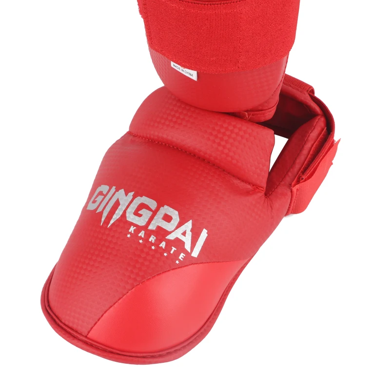 GINGPAI Professional Karate Shin Guards with Finger Red Blue Muay Thai Leg Guard Foot Pads Ankle Support MMA Taekwondo Protects