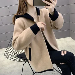 Women Spring And Autumn Woolen Plush Short Jacket 2021 Female New Korean Zipper Of The Loose Hooded Plush Cardigan Top Coat A350