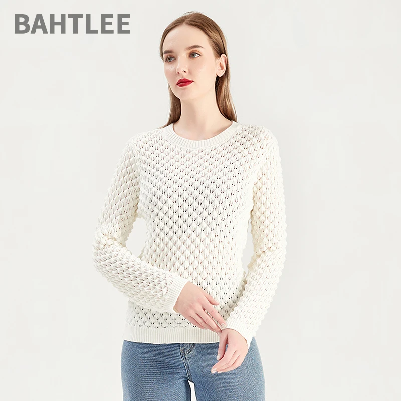 BAHTLEE-Women's Polyester Acrylic Pullovers, Black and White Striped Sweater, Knitted Jumper, Long Sleeves, O-Neck, Autumn