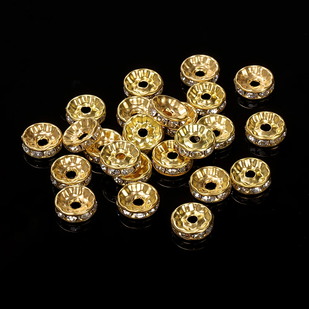 100 Uds 4/6/8 / 10mm oro plata diamantes de imitación Rondelles cuentas de cristal cuentas espaciadoras redondas sueltas para hacer joyas accesorios de bricolaje