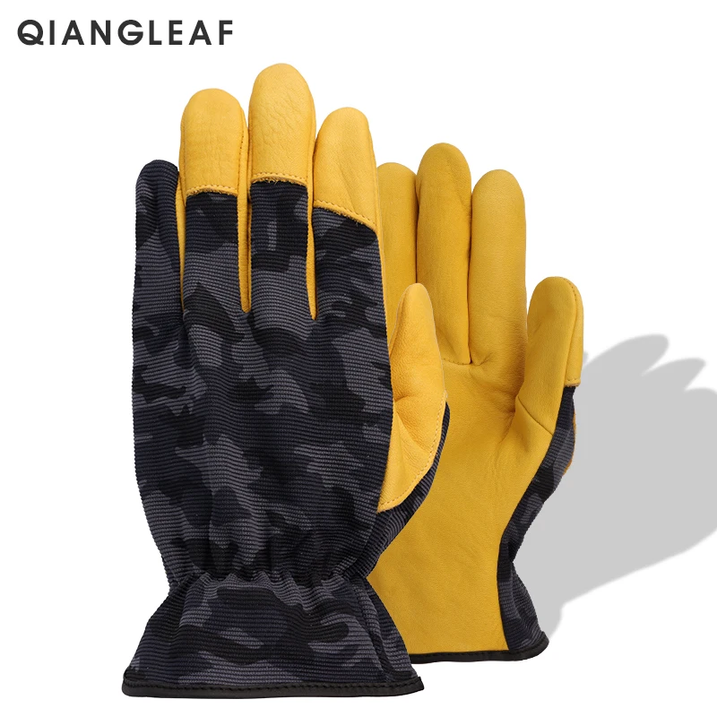 QIANGLEAF Worker Safety Gardening Machinery Construction Logistics Muslim Thin cowhide Camouflage Cloth splicing Gloves 9530MC