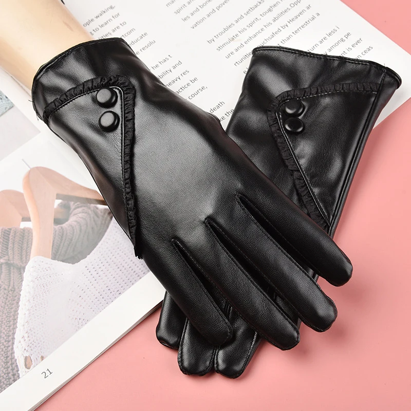 

Women'S Sheepskin Gloves Winter Warmth Plus Velvet Short Thin Touch Screen Driving Female Color Leather Gloves