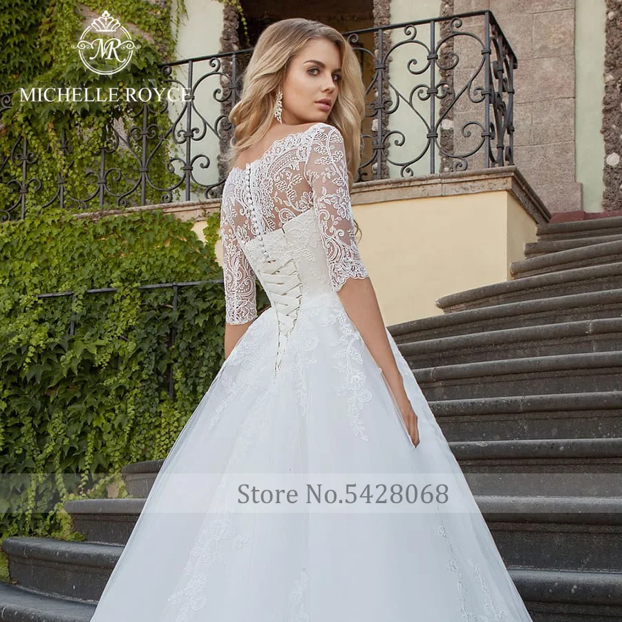 Michelle Royce A-LING Wedding Dresses High Quality Sweetheart Half sleeves Cut Out Beaded Lace up Chapel Train Vestido De Nevia