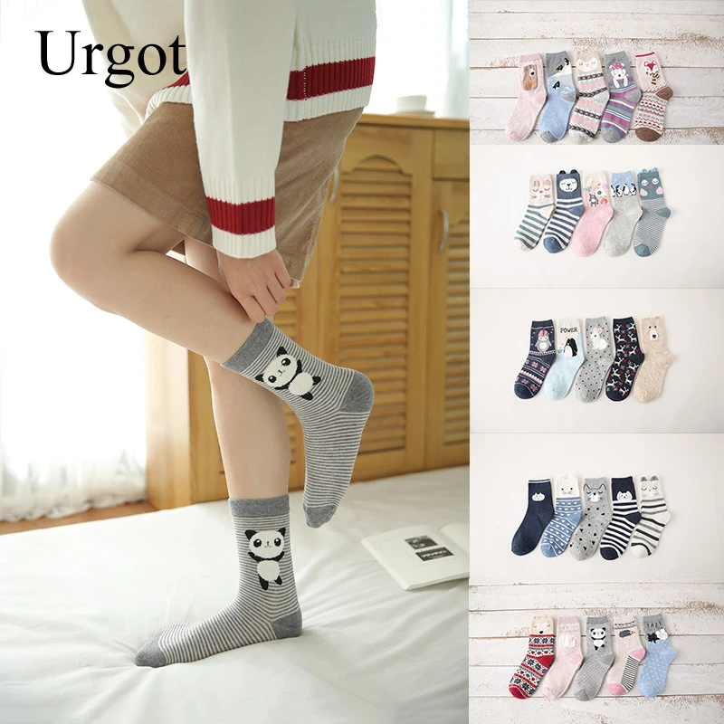 

Urgot 5 Pairs New Spring Autumn Women Cotton Socks In Tube Animal Ear Cute Socks Fox Bear Soft Cartoon Socks Girl Sweet Striped