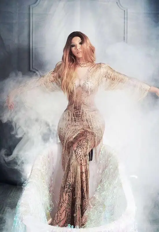 

Stage Costume Women Singer Evening Performance Tassel Long Dress Festival Clothing Rhinestones Fringes Celebrity Dresses