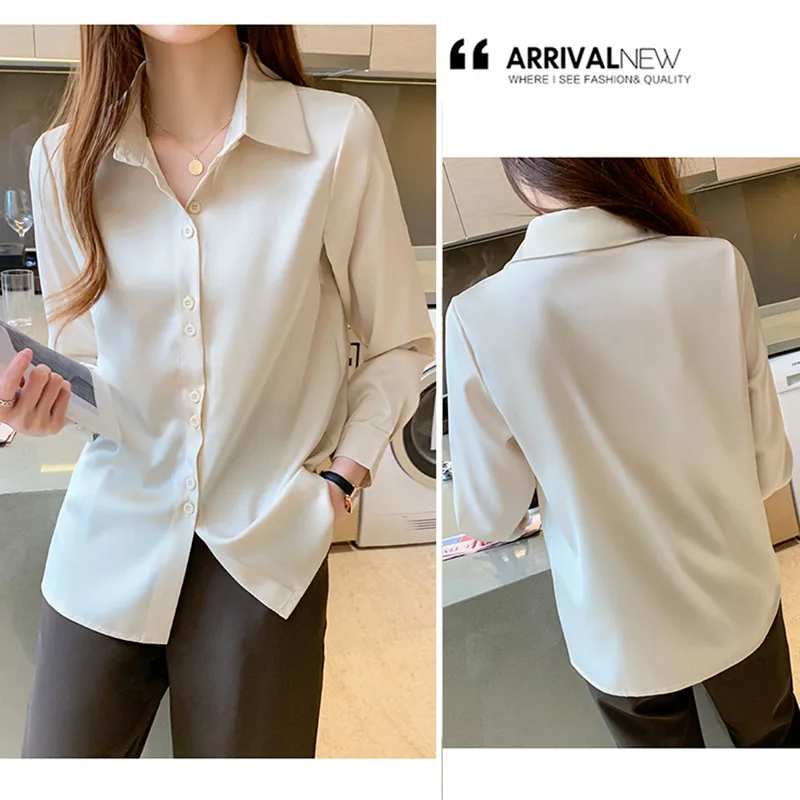 Women\'s Silk Shirts V-neck Solid Laides Tops Womens 2023 Autumn Fashion Satin Long Sleeve Blouses Button Up White OL Vintage Top