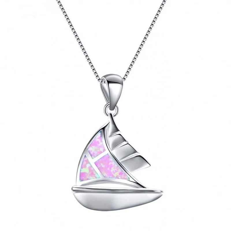 2024 Cute Women Little Boat Pendant Necklace Anniversary Girl Gift Jewelry Accessories Fashion Imitation Opal Necklace for Women