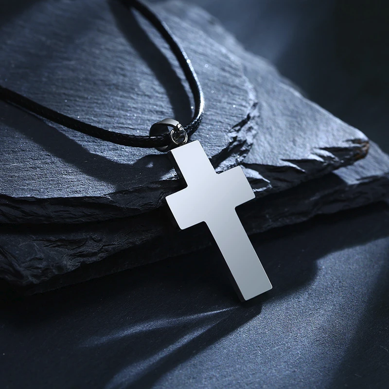 Cross Necklace Men, Black Carbon Fiber Latin Cross Pendant, Stainless Steel Edges Pendant Gentleman Jewelry