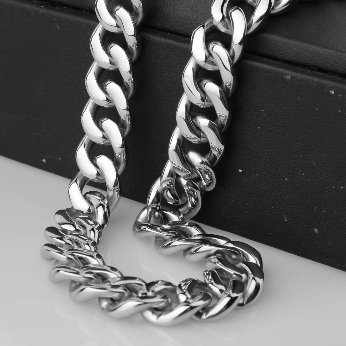 High Polishing 13/15mm Width Cool Mens 316 Stainless Steel Silver Color Cuban Link Chain Necklace Bracelet 7\