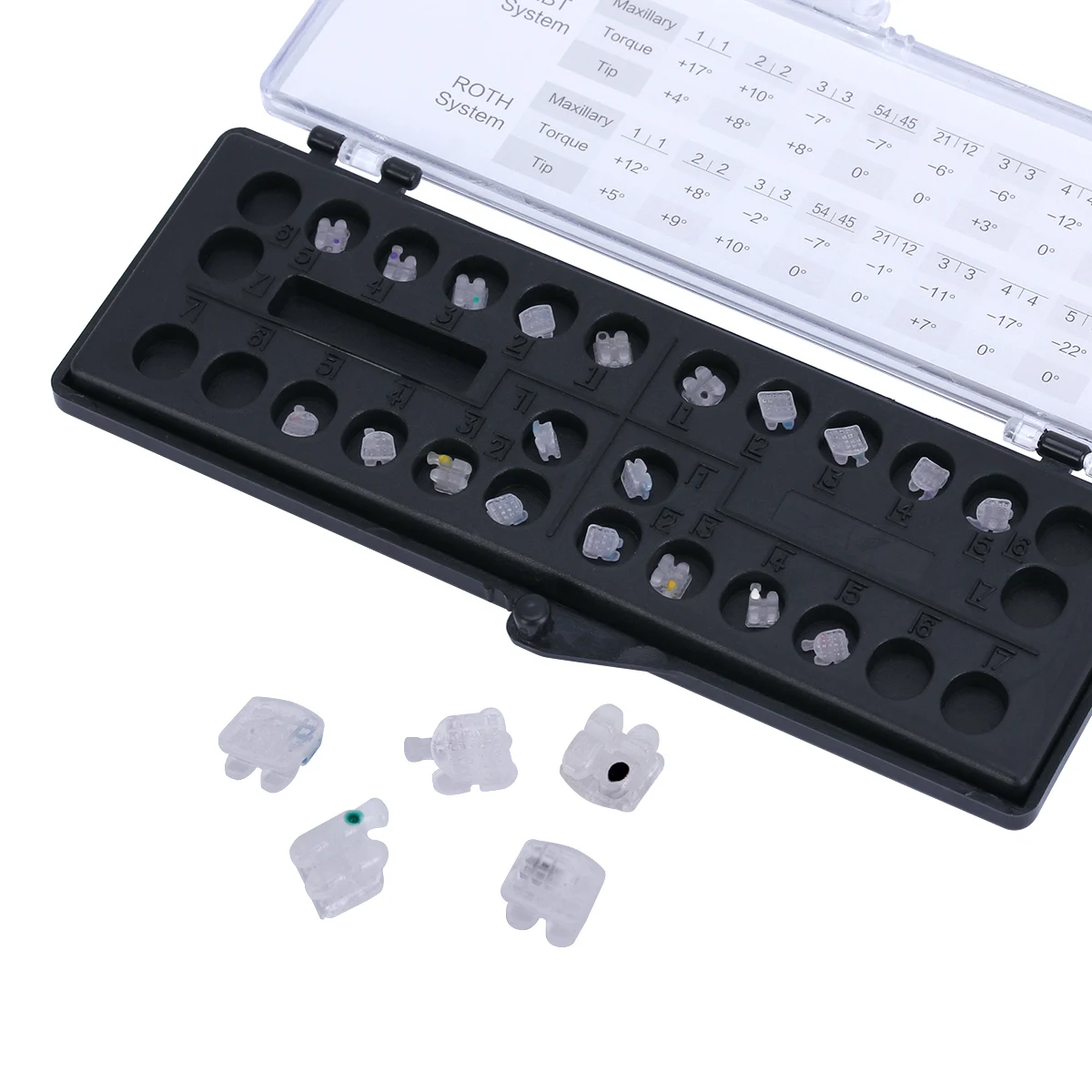 20 Stück AZDENT Zahnspangen Keramik-Orthodontie-Brackets mit Netzbasis, transparent, Roth MBT 0.022/0.018, mit Haken 345, Zahnmedizinisches Werkzeug – Detail 3