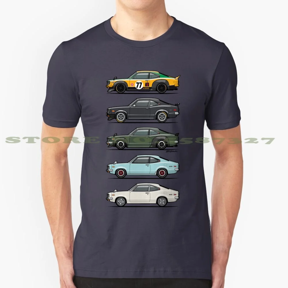 Stack Of Savanna Gt Rx-3 Coupes 100% Cotton T-Shirt Car Motorsport Rx3 Gt Savanna Coupe Suzuka Monkey Crisis Mars Artsmoto