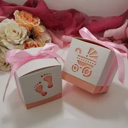 Baby Foot Carriage Candy Box Sweet Container Favor And Gifts Boxes With Ribbon Baby Shower For Baptism Birthday Party