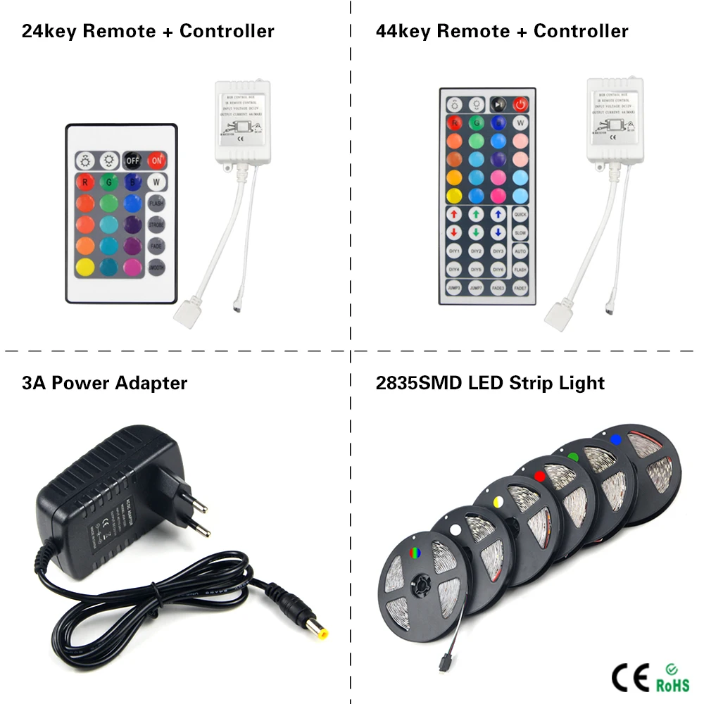 

Upgrade! 5M 2835 (3528) SMD Lamp Tape 300LEDs DC12V RGB LED Strip Light / 24 44keys controller / EU Plug Power Supply Adapter