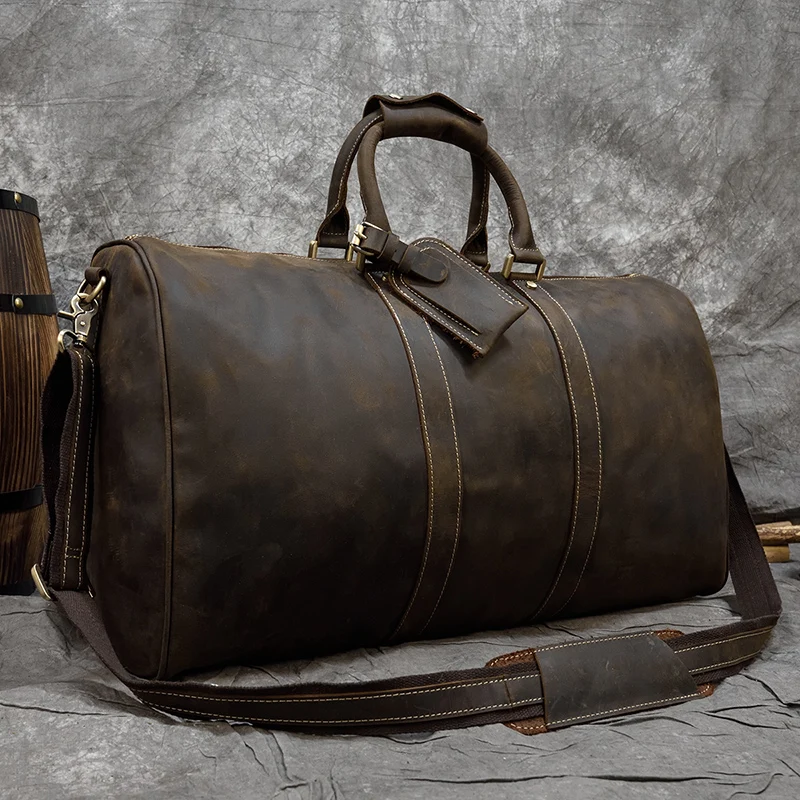 60cm Vintage Mens Leather Travel Bag Real Leather Weekender Bag Overnight Travelling Handbag For 3 days  Business Travel