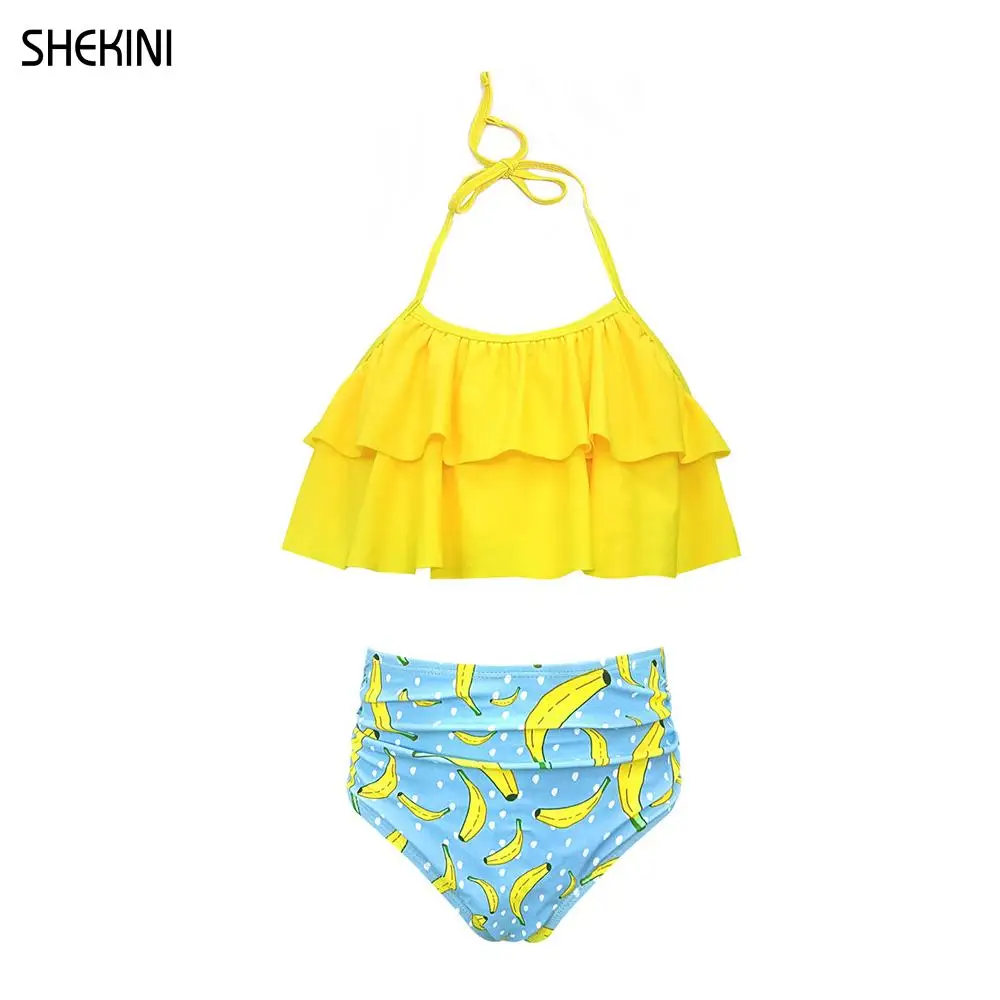 SHEKINI Girls High Waisted Ruched Bathing Suits Ruffle Flounce Halter Teenage Girls Bikini Two Piece Swimsuits Teen Beachwear