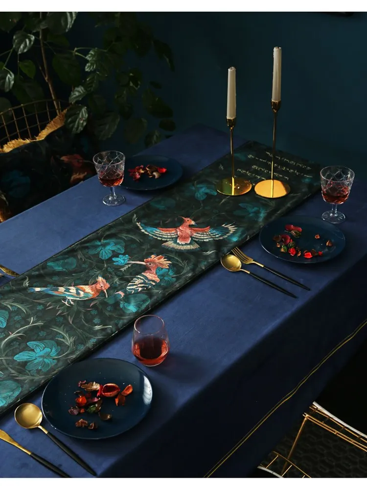 Luxury Velvet Table Runner,Tapestry,Soft Tassel Bed Runner,Upupa Epops Bird Floral Print,Home Decoration,Vintage Black and Blue