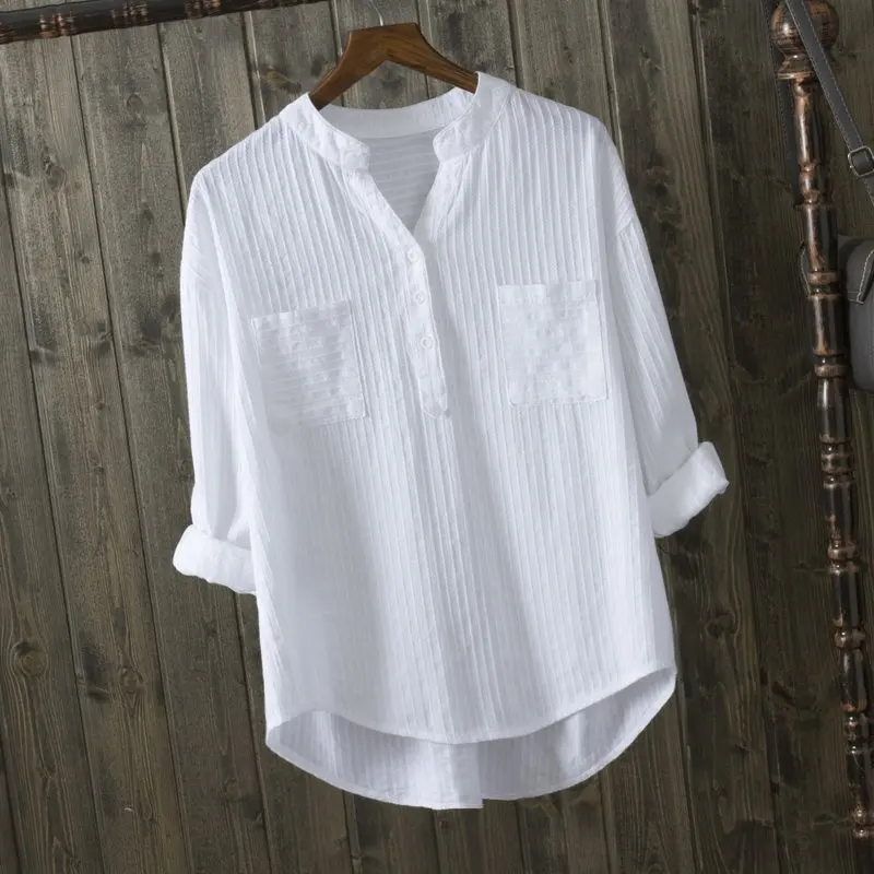 Women's 100% Cotton White V-Neck Blouse Summer Shirt Lightweight Breathable Elegant Casual Tops Loose Fit Button Down blusa