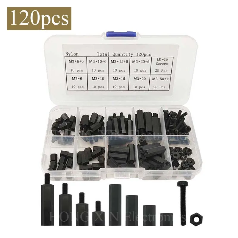 

Nylon PCB Standoff 120pcs M3 Spacer Female to Female Male to Female Plastic Standoff Kit M3*6/10/15/20 Assortment Set