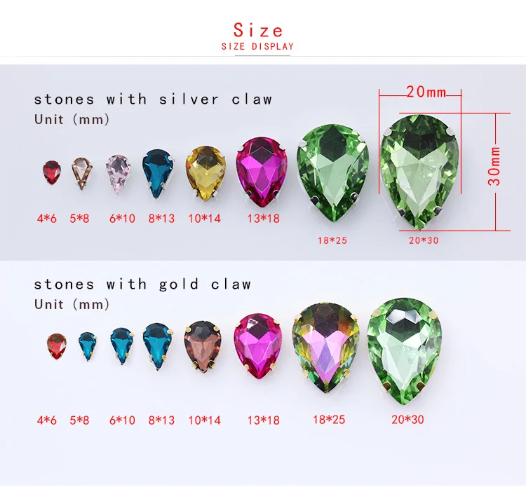 All Colors teardrop flatback crystal glass sew on rhinestone jewel silver base gem stone beads shoes clothes sewing accesorries