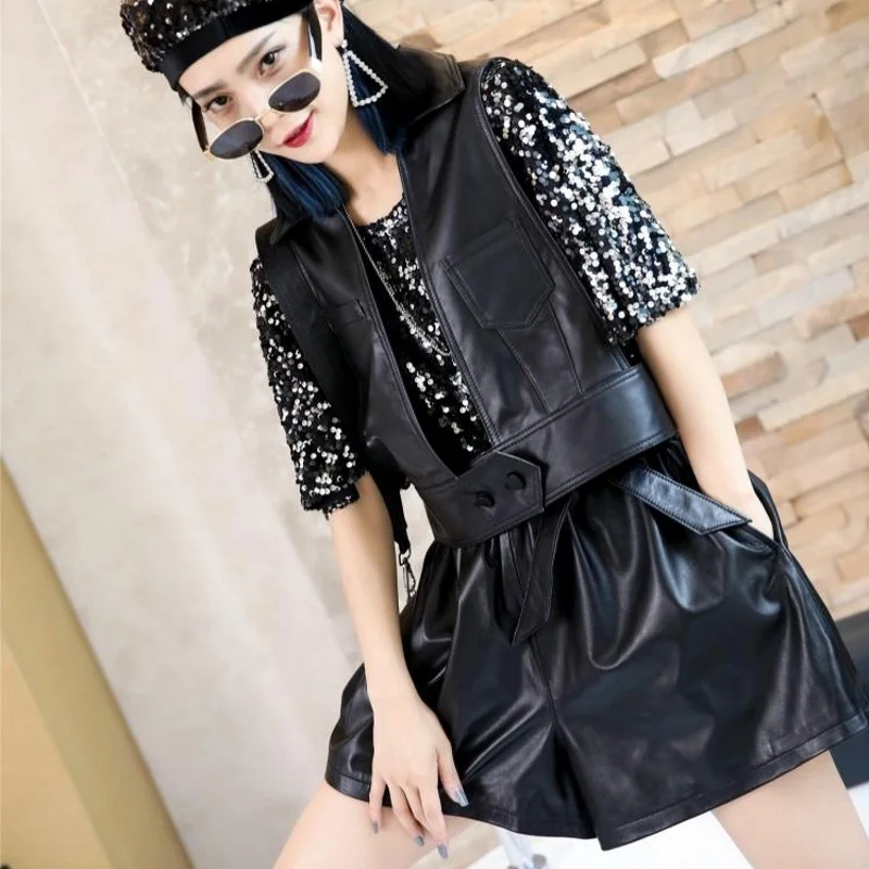 2022 New Womens Genuine Leather Turn-Down Collar Pockets Casual Korean Style Sleeveless Black Fashion Elegant Vest Jacket