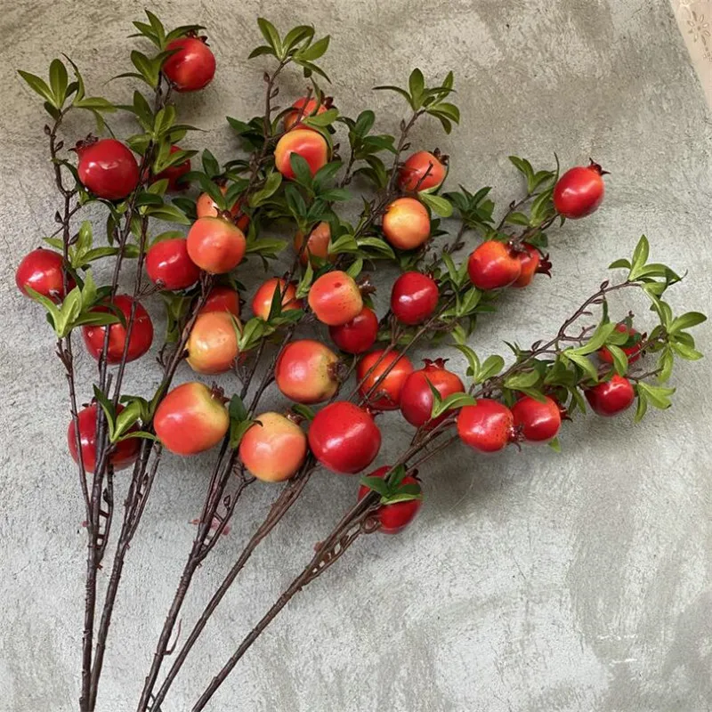 One Artificial Pomegranate Stem 7 Fuits Faux Greenery Plant Apple Tree Branch