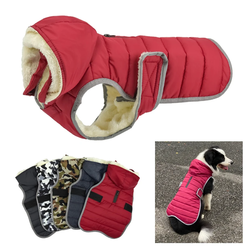 Winter Clothes for Large Dogs Waterproof Hooded Dog Jacket Reflective Windproof Thick Fleece-Lined Warm Dog Coat Padded Clothing