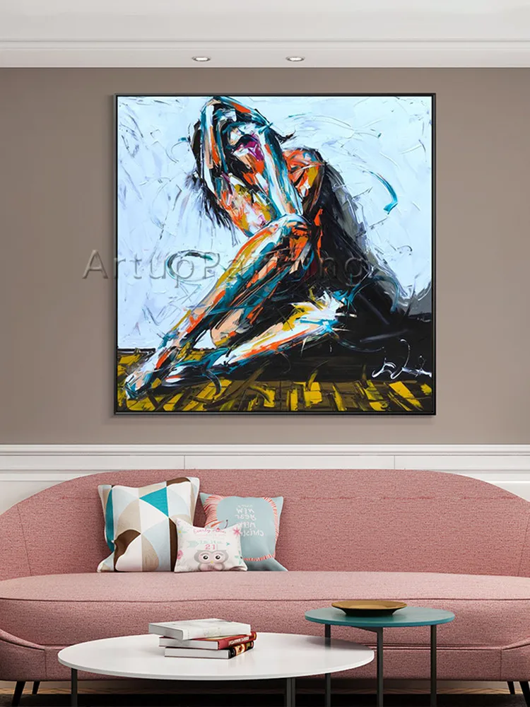 

Abstract Hand painted woman portrait blue oil paintings on Canvas wall Art Home decor Pictures for living room wall decoration