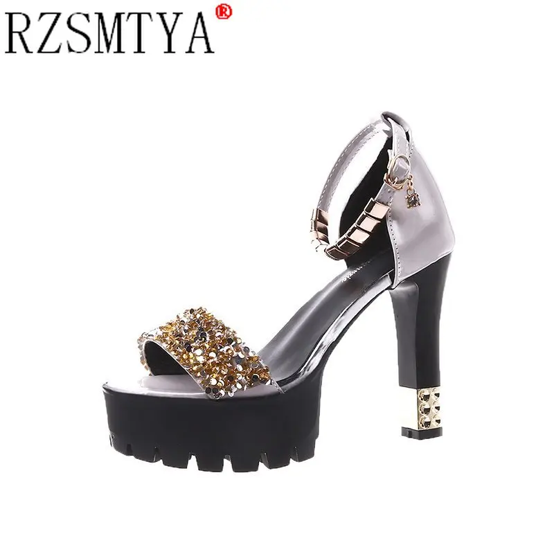 New Summer Women High Heels Wedding Party Sandals Open Toe Ankle Strap Chunky Heels Rhinestone Platform Sandals Diamond Shoes