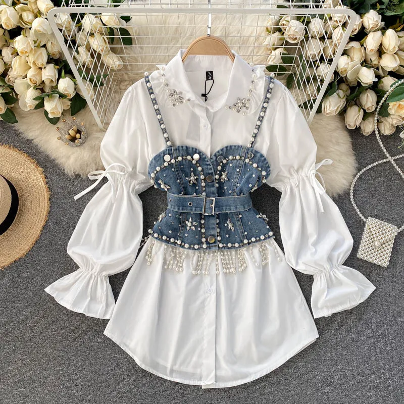 Summer 2023 New Blouse Women\'s Diamond Beaded Puff Sleeve Blusa Top Tassel Pearl Sling Waistcoat Two-piece Sets Stacking Shirt