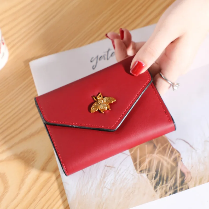 

Women's Short Wallet Leather Cute Metal Bee Applique Smooth Three Folded Card Case Wholesale New Fashion Female Coin Purses