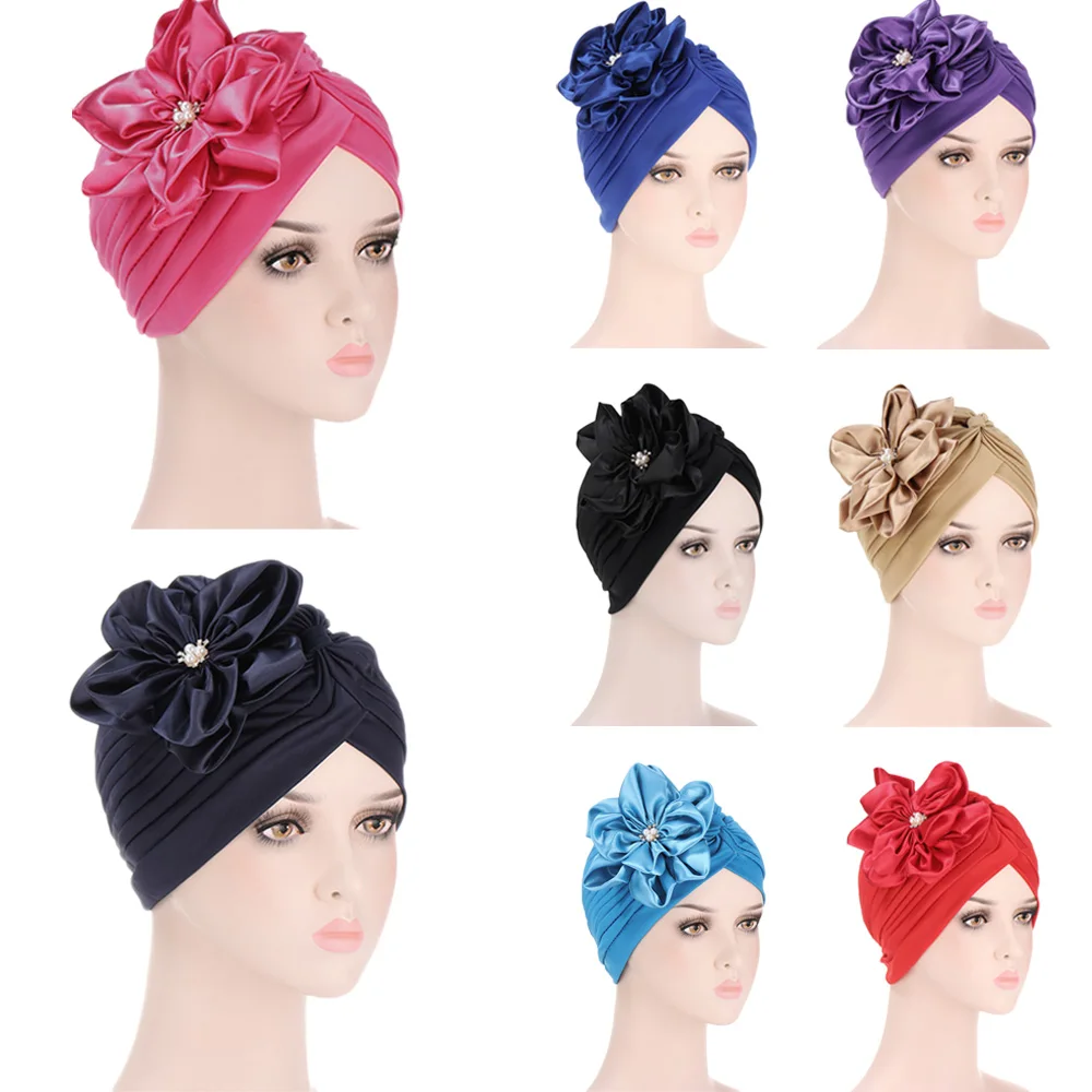 

Elegant Women Flowers Turban Bonnet Muslim Hijab Headscarf Caps Party Headwear African Headtie Nigeria Female Top Hat Wedding