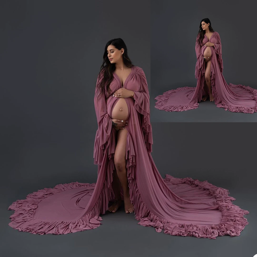 

New Pregnant Women Photo Robes Sexy Deep V Neck Split Sweep Train Sleepwear Bathrobe Ladies Photo Shoot Bridesmaid Shawel