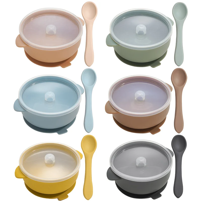 Bol d\'entraînement en Silicone sans BPA pour bébé, ventouse avec couvercle, ensemble de bols alimentaires pour tout-petits, Gel de silice pour