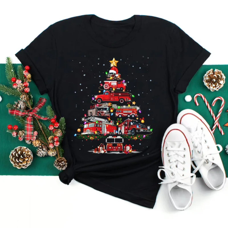 Maycaur Women T Shirt Funny Cute Christmas Truck Tree Tshirt Cartoon Fashion Print Tops Graphic Holiday New Year Tshirt Female T