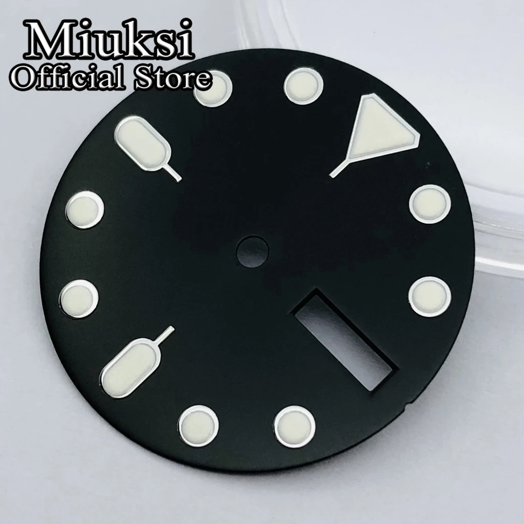 Miuksi 28.5mm black blue green brown watch dial C3 luminous dial fit NH36 movement fit 3 o\'clock crown 3.8 o\'clock crown