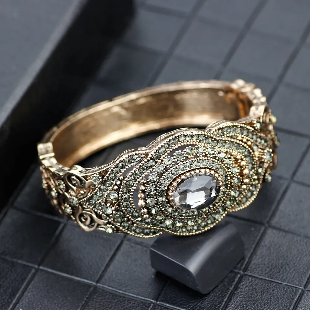 SUNSPICE MS Turkish Gray Crystal Bangles For Women Antique Gold Color Flower Cuff Bracelet Bohemia Ethnic Charm Wrist Jewelry