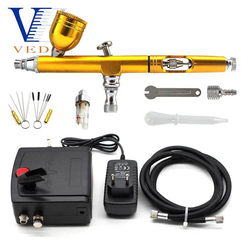 Airbrush Sets Gold 0.3mm Airbrush With Mini Compressor No Automatic Shutdown And Cleaning Tools Kits For Makeup Model Painting