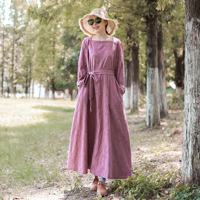 

LZJN New 2020 Women Autumn Winter Dress Elegant Long Sleeve A-line Dress Mori Girl Jacquard Cotton Belt Waisted Long Dress