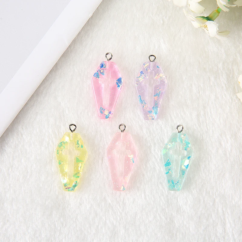 15Pcs 29*16mm Punk  Charms Resin Glitter Coffin Planchette  Flatback Cross Accessory for Jewelry DIY Making