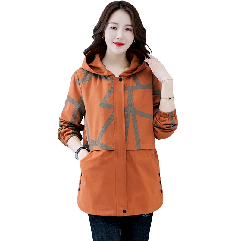 

2024 Women's Trench Coat New Print Splice Hooded Outerwear Loose Lined Middle-aged Female Windbreaker Basic Coat Casual Tops 673