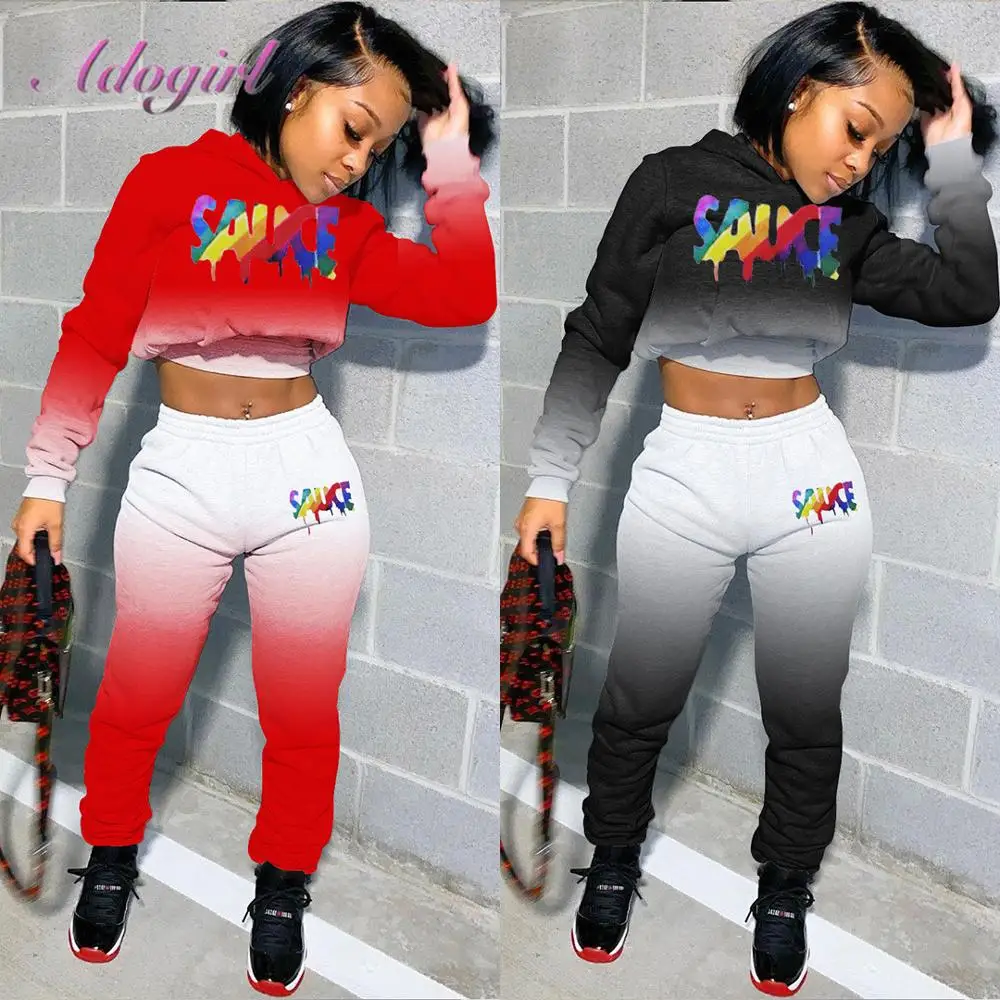 Autumn Workout Women'S Sets Gradient Letter Print Long Sleeve Hoodie Tops Goggers Pants Suit Outfit Street 2 Piece Set Tracksuit