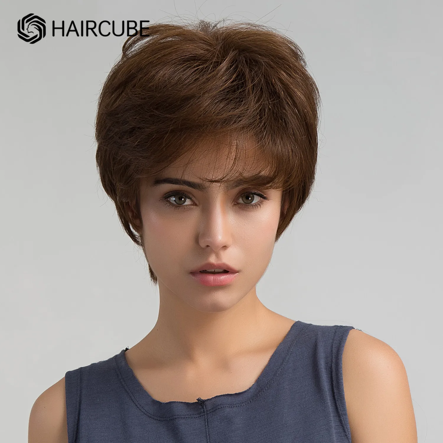 HAIRCUBE Honey Brown Blend Wigs Short 30% Human Hair Wig for Women Pixie Cut Wavy Hair Machine Made Heat Resistant Wigs