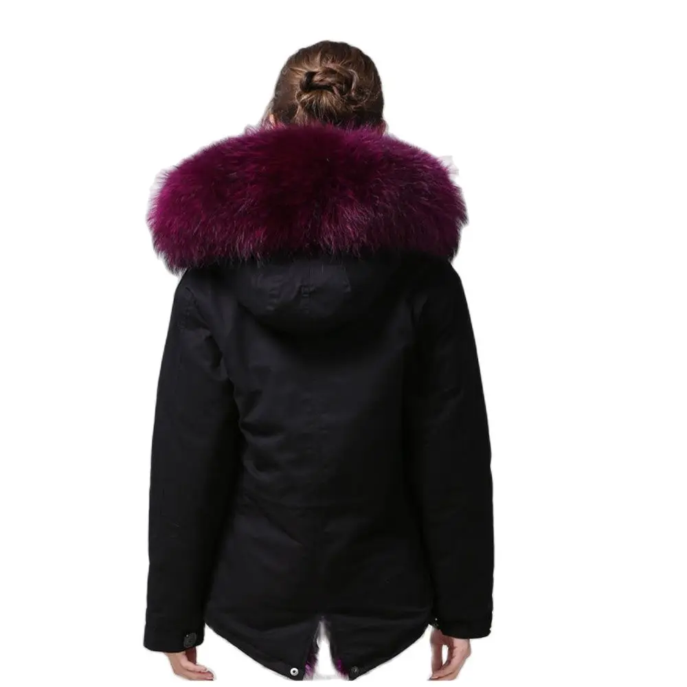 Mhnkro Purple Color Luxury Winter Black Furs Coat Women Raccoon Furs Collar MR MRS Family Wear With Fox Fur Lined Jacket