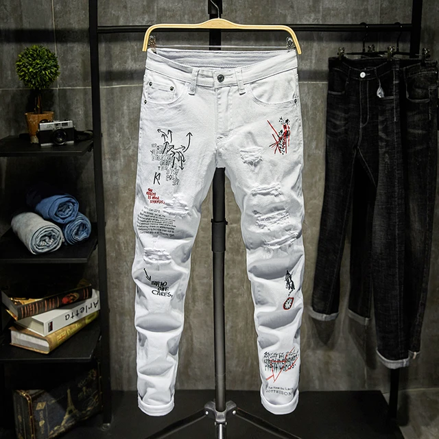 Jeans dechires avec lettres brodees pour hommes pantalons en denim skinny jeans dechires detruits noir et blanc AliExpress