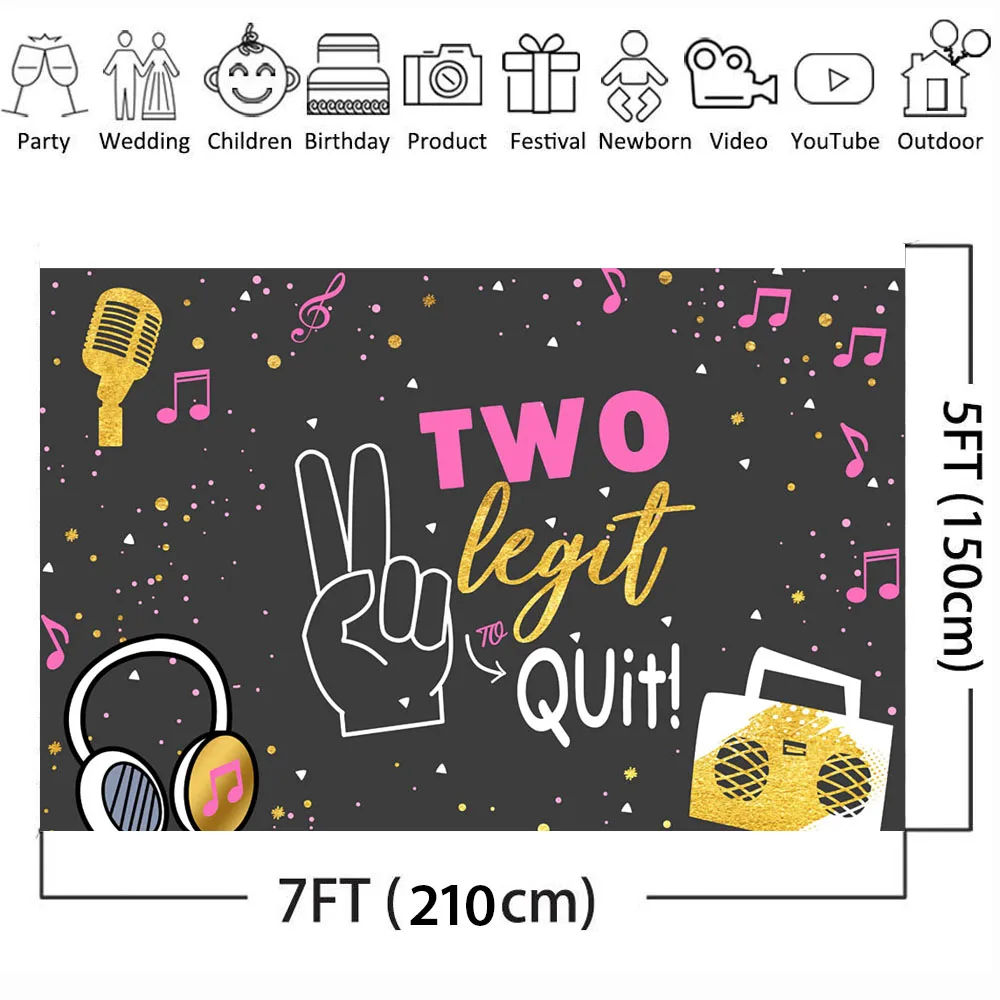 Two Legit to Quit Party Backdrop for 2nd Birthday Party Retro 90s Hip Hop Birthday Party Decoration White and Gold Two Cool