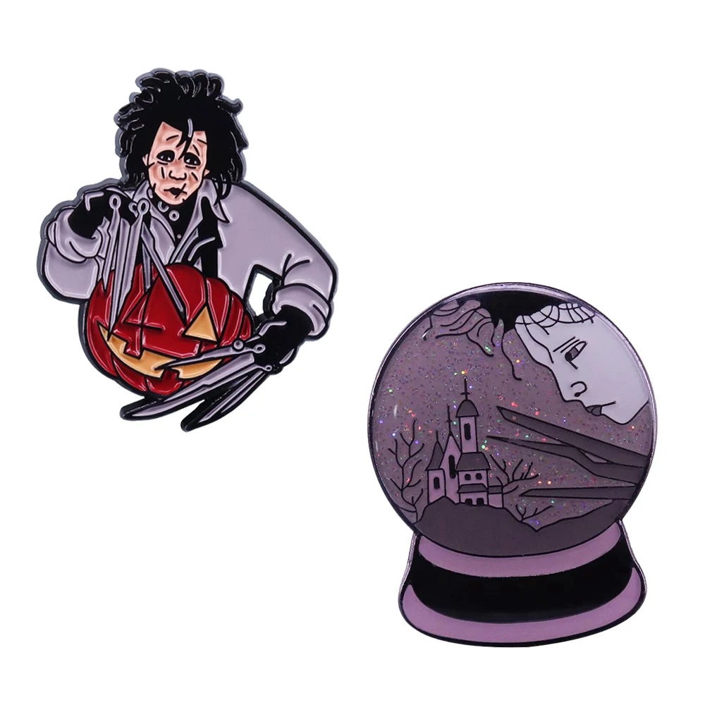 Edward Scissorhands Halloween Brooch Sad Castle Snow Globe Glitter Pin Classic Movie Fans Gift