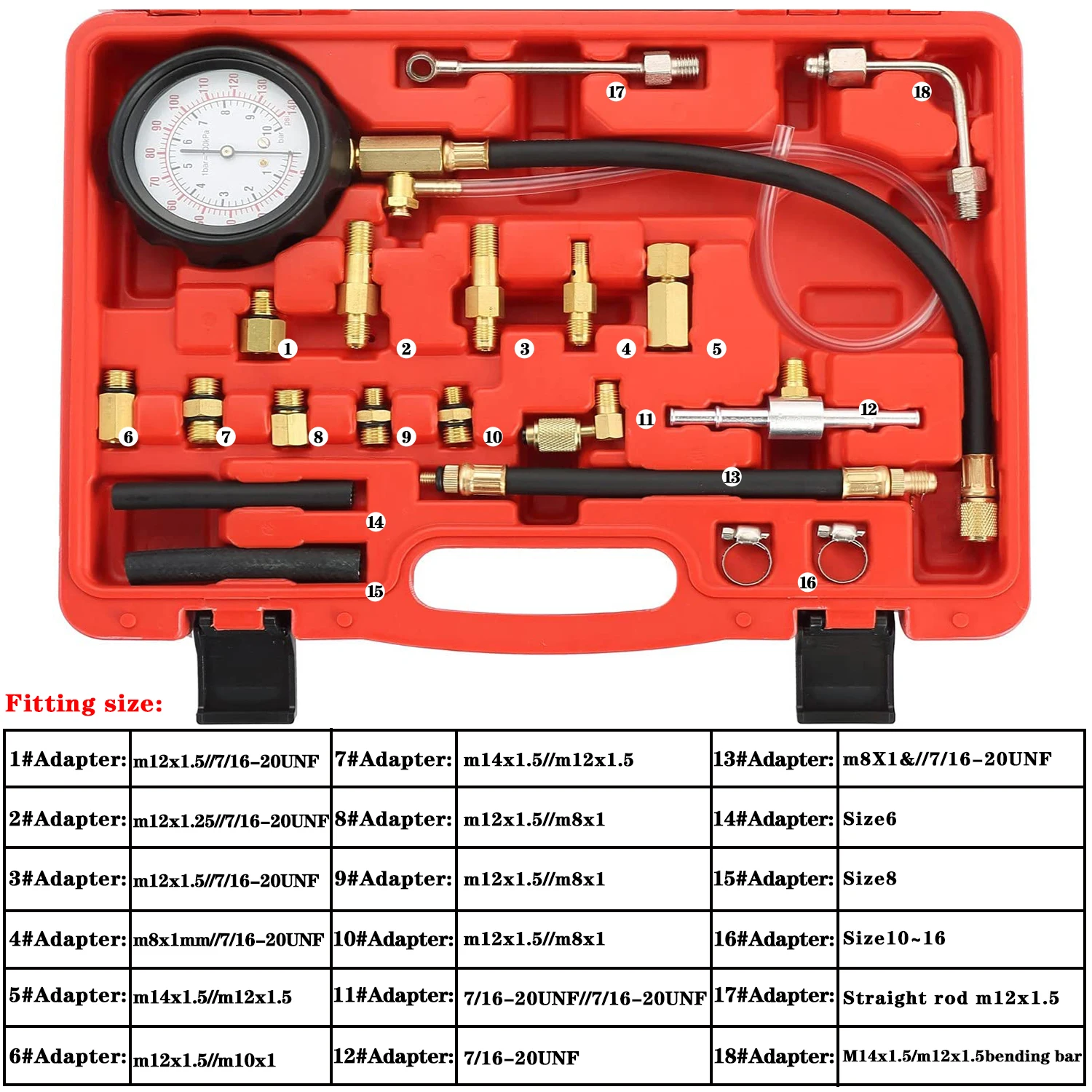 0-140PSI Fuel Injection Pump Pressure Tester Gauge Diagnostic Tools Kit,Engine Gasoline Tester Tool Set For Most of Cars(TU-114)