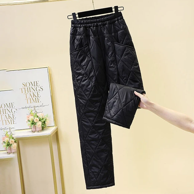 Large size lightweight down cotton pants women\'s straight diamond harem pants warm straight high waist quilted pants