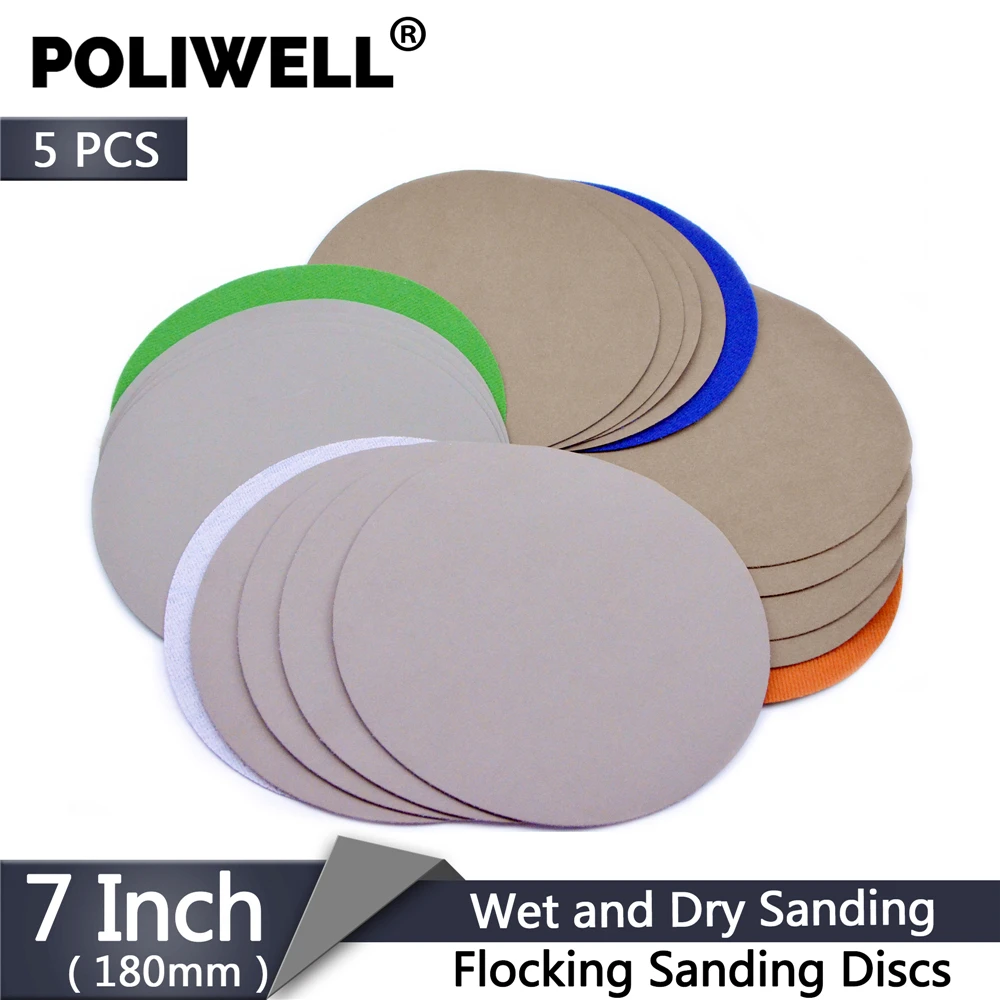 

POLIWELL 5PCS 7 Inch 180mm 3000-10000 Grit Wet and Dry Flocking Sanding Discs Automotive Fine Polishing Sandpaper Sanding Disk