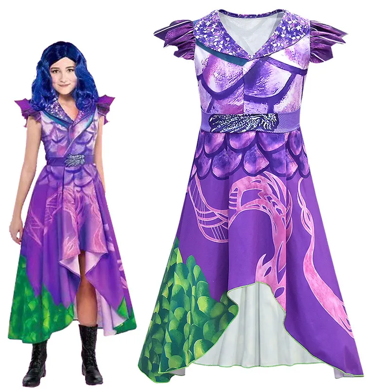 Descendentes de filme 3 evie cosplay vestido mal peruca traje crianças halloween festa aniversário carnaval traje para meninas